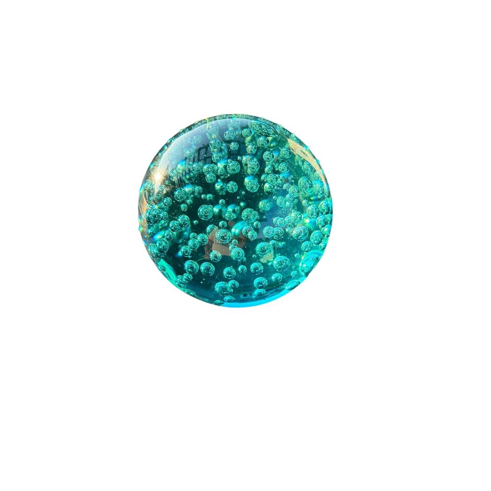Art Glass Blue Glass Paperweight With Controlled Bubbles 3"